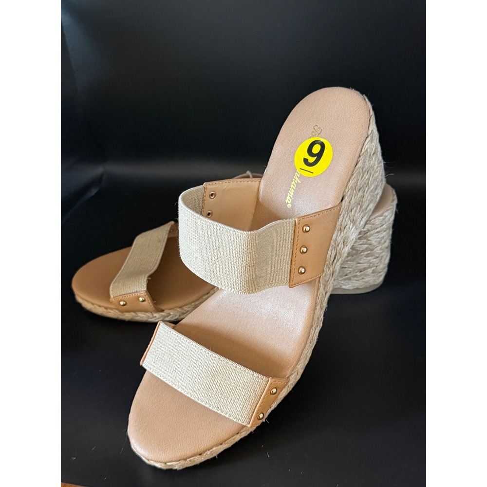 Tommy Bahama Women Tan Espadrille Wedge Sandals Studded Elastic Straps Size 9
